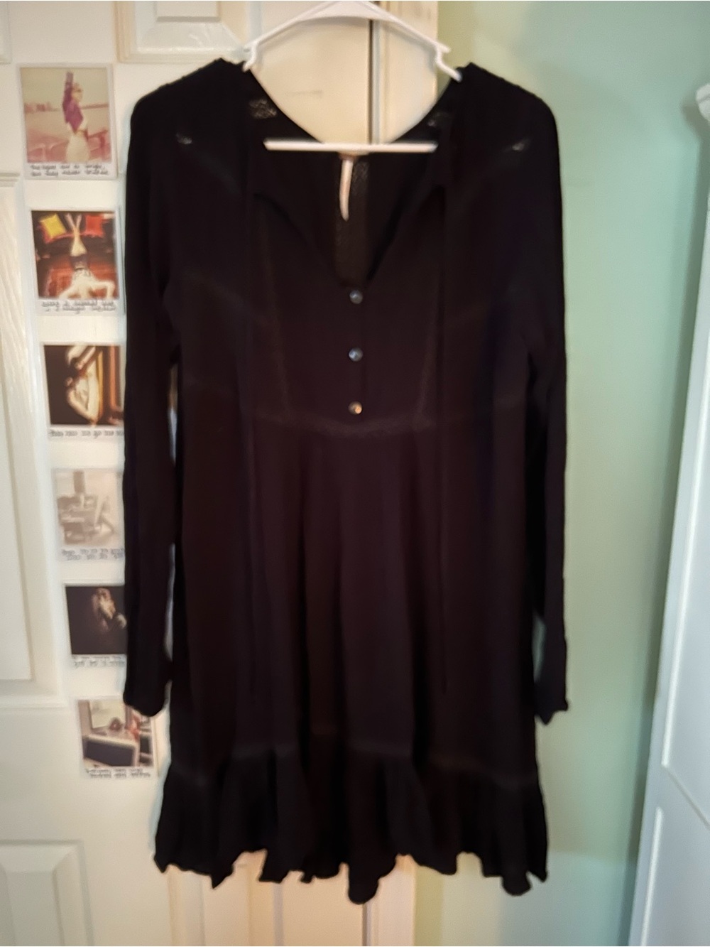 Free People Black Long-Sleeve Button V-Neck Ruffle-Hem Dress